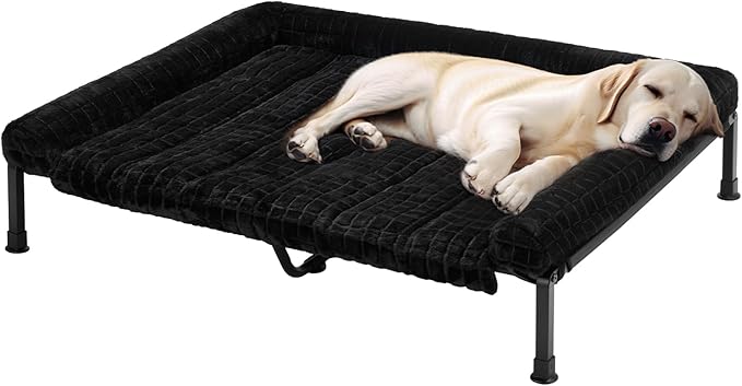 Veehoo Elevated Dog Bed Large Sized with Fluffy Plush Bolster Cushion, Washable Orthopedic Dog Couch Bed, Cooling Raised Pet Cot with Removable Mat, Breathable Mesh, No-Slip Feet, 42x 30 inches, Black