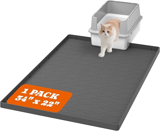 Pawtners Cat Litter Mat, Large 34" x 22" Litter Box Mat, Easy to Clean Cat Litter Box Mat, Non-Slip Kitty Litter Mat for Floor, Waterproof & Urine-Proof Cat Litter Mat Litter Trapping Mat, Gray