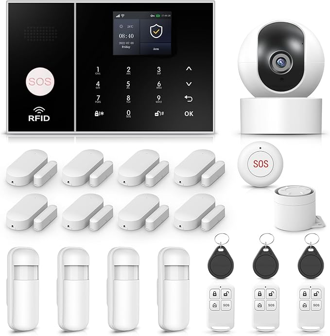 PGST Home Security Alarm Systems with 2MP HD Security Camera,Door/Window Sensors,Motion Detector,Loud Alarm Siren,Remote,Touch Screen,4G SMS/Tuya App Alerts,Work with Google for Villa,Apartment,House