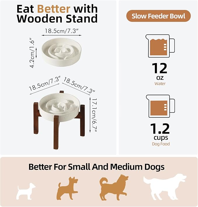 Ceramic 1.2 Cup Raised Slow Feeder Dog Bowl Set, Elevated Acacia Wood Stand for Medium and Small Dog, 7.3inch Slow Dish, Stop Bloat(Single Bowl+ Stand, Vanilla White)