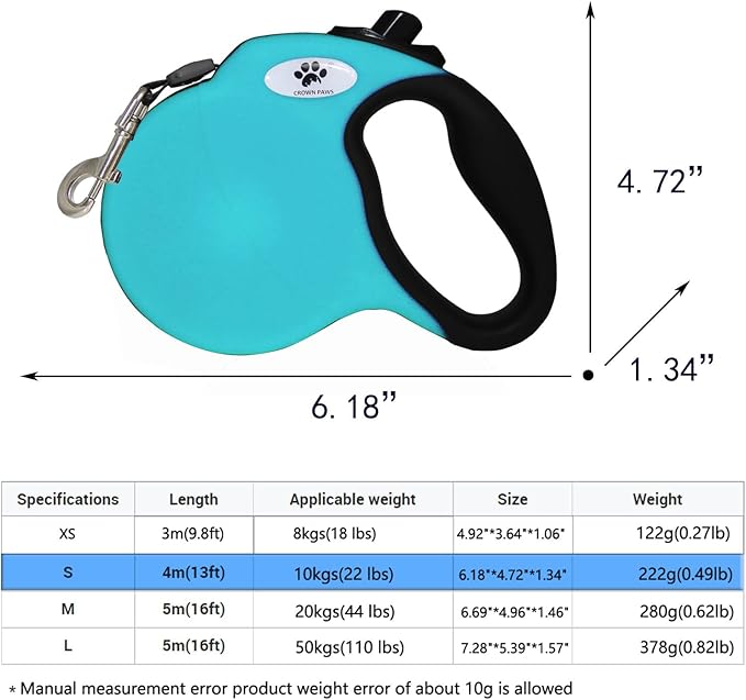 13 ft Retractable Dog Leash for Large Dogs up to 26 lbs,Tangle-Free Nylon Tape,Blue S