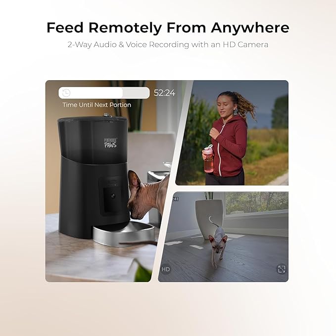Smart HD Automatic Cat Feeder with 1080P Camera & Night Vision, 2-Way Audio, WiFi App Control, Anti-Jam 6L Cat Feeder with Backup Power, Easy to Clean, Up to 15 Meals for Cat & Dog, Black Stainless