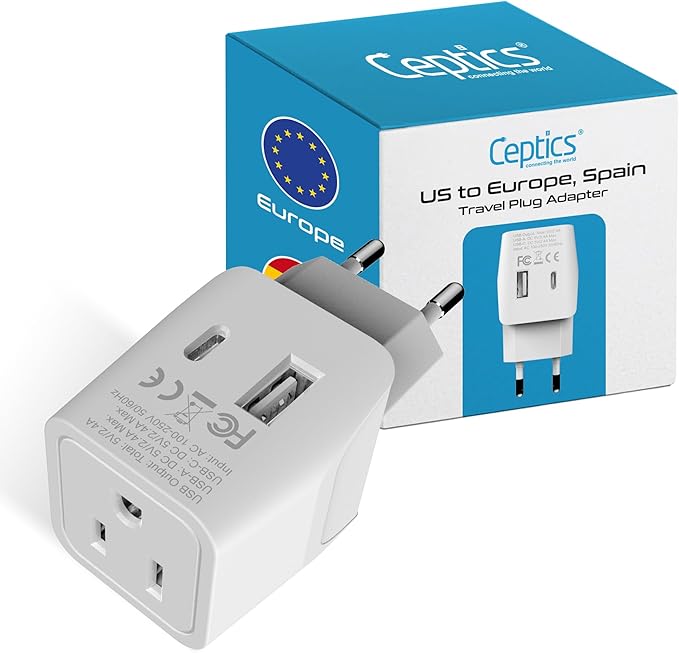 Ceptics 3 in 1 European Travel Plug Adapter - Compact Type C Adapter with USB-A & USB-C, Ideal for Phones, Laptops, Cameras & More, Perfect for Belgium, France and other EU countries - CTU-9C