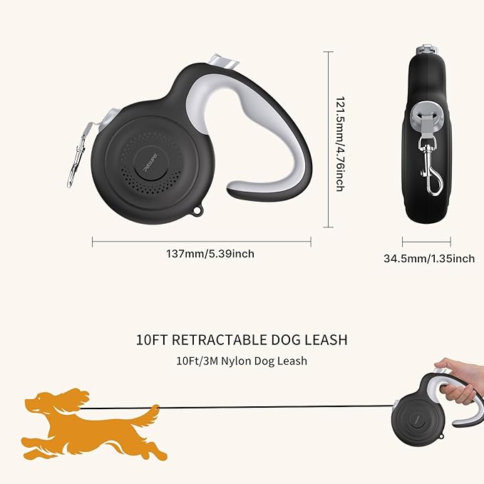 AutoBrake Retractable Dog Leash for Small and Medium Dogs, 360° Tangle-Free Dog Leash and 10Ft Strong Nylon Tape, Ergonomically Comfortable and Lightweight Grip Handle (Black)