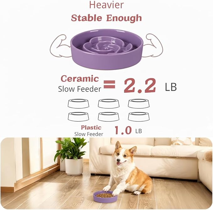 TRUVIC Ceramic Slow Feeder Dog Bowls, 1.5 Cup Puzzle Slow Feeder Bowls for Fast Eaters, Ceramic Dog Food Dish no Black Chin, Puzzle Bowl for Medium Dogs, Purple