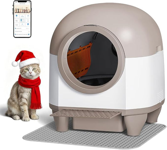 GUNJI Automatic Self-Cleaning Litter Box, 90L Large Capacity for Multiple Cats - APP Controlled with Safety Protection, Included Litter Mat & 1 Roll Garbage Bags (Brown)