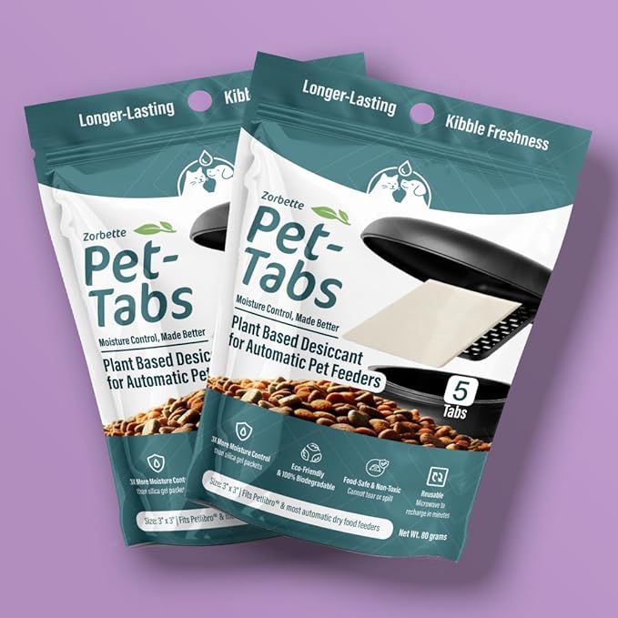 New - Pet-Tabs by Zorbette – High Capacity Plant Based Desiccant for Automatic Pet Feeders, Keeps Dry Pet Food Fresh, Food-Safe & Reusable Moisture Absorber, Fits Petlibro & Similar Feeders (3x3 Inch)