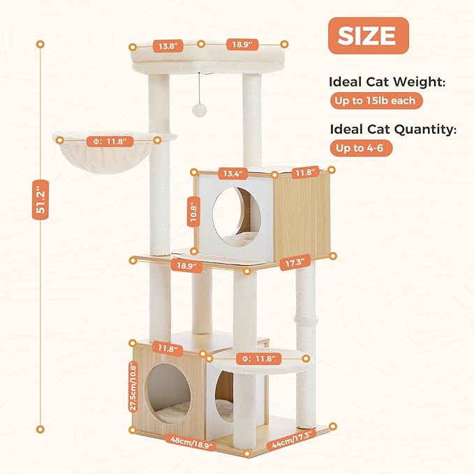 Modern Cat Tree for Indoor Cats Large Adult, 51 Inches Wood Cat Tower with Cozy Condos, Fully Sisal-Wrapped Scratching Posts, Top Perch and Soft Hammock, Kitten Play House, Beige