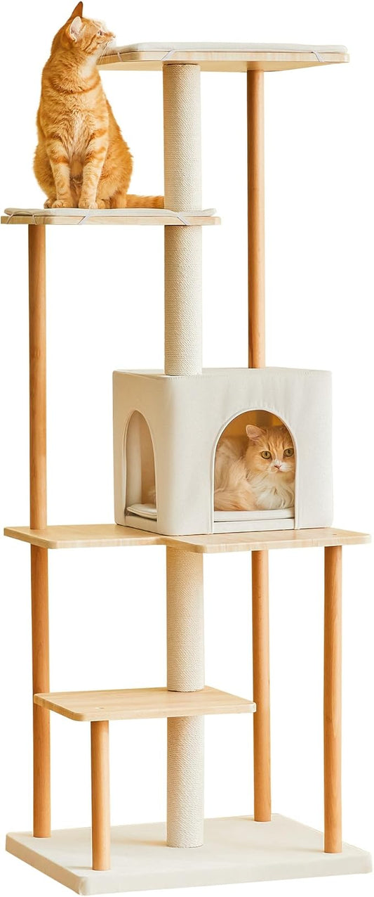 MWPO Modern Cat Tree - 63-Inch Luxury Wood Cat Tower for Indoor Cats, Large Perches with Soft Cushions, Cat Condo for Large Cats with Scratching Posts - Beige