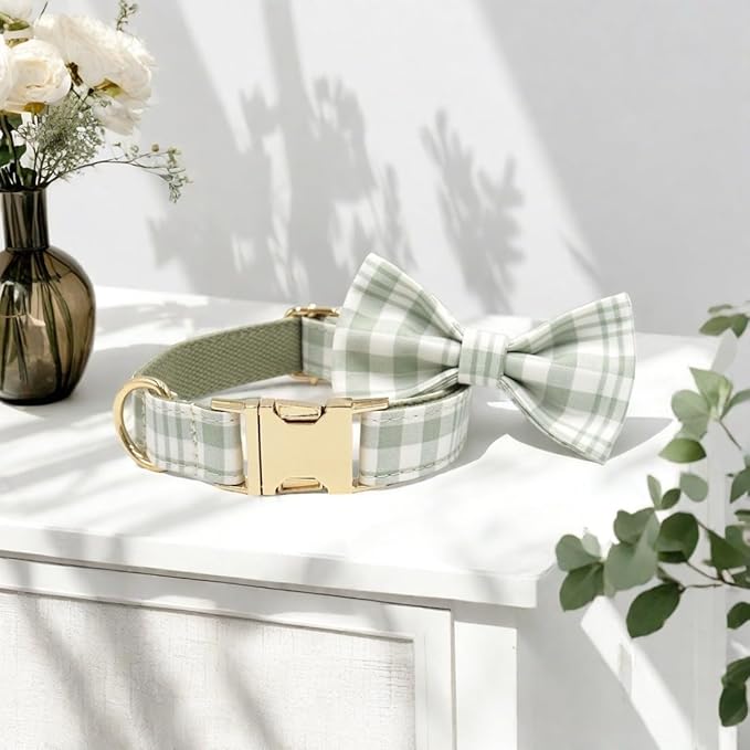 PETDURO Personalized Dog Collar Olive Green Plaid for Large Medium Dogs | Engraved Name and Phone Number on Gold Metal Buckle for Boys & Girls | Add Leash & Bow Tie via Customize Now