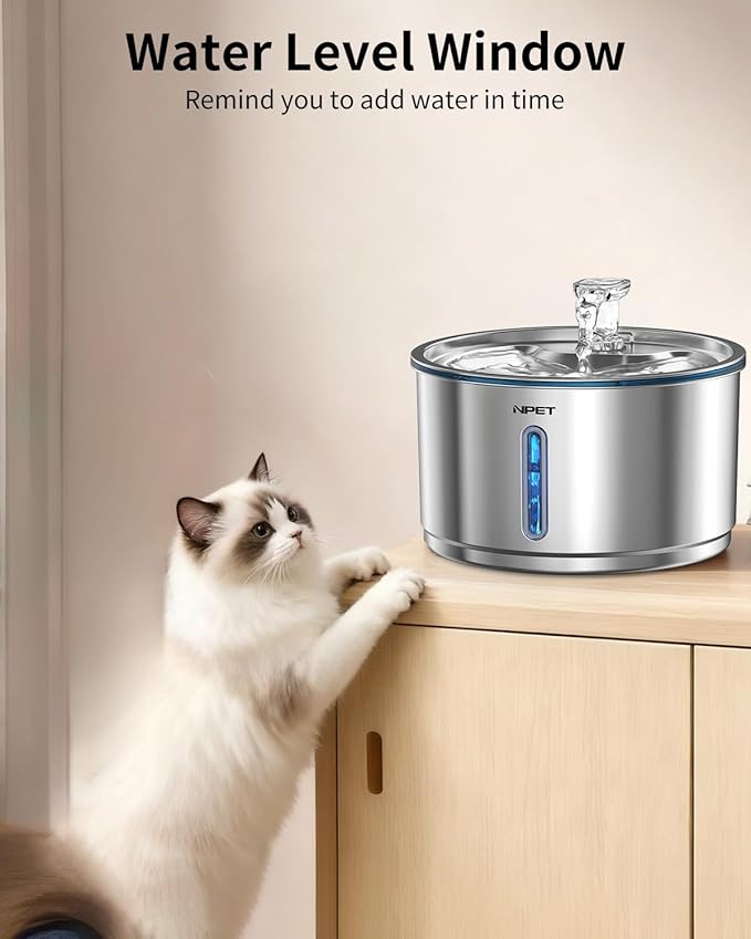 NPET Stainless Steel Cat Water Fountain, 1Gallon/135oz Automatic Pet Drinking Fountain Dog Water Dispenser with 8 Replacement Filters for Cats Indoor