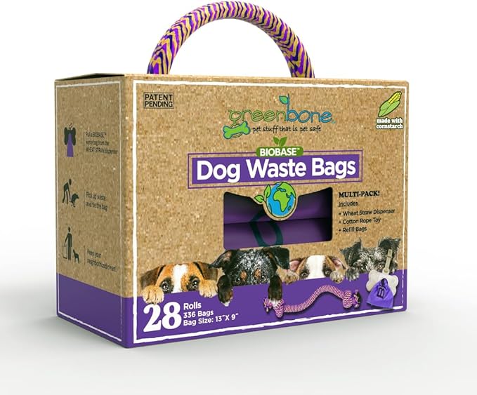 Greenbone BioBase Purple Dog Poop Bag Refills: 28 Rolls - 336 Bags with Dispenser and Rope Toy Handle- Dog Gift Set