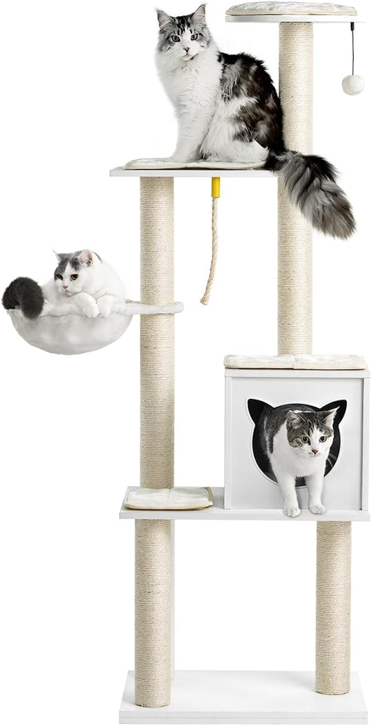 Made4Pets Cat Tree, Modern Cat Tree Tower for Indoor Cats - 65" Tall Wood Condo with Hammock, Scratching Post and Removable Pads for Small Large Cats, White