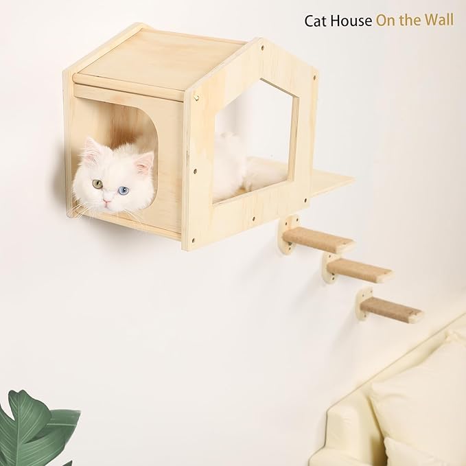 Cat Shelves with 3 Steps Scratching Post and Hammock Bed - Wall Mounted Climbing Condo for Indoor Cats (Wood)