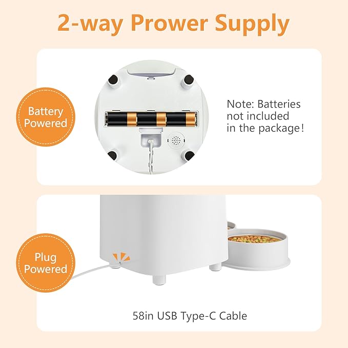 Automatic Cat Feeder, 5L Timed Dual Dog Food Dispenser with Dual Power Supply Programmable 1-15 Meals Control with Auto Pet Feeder for Cats and Dogs (Button)