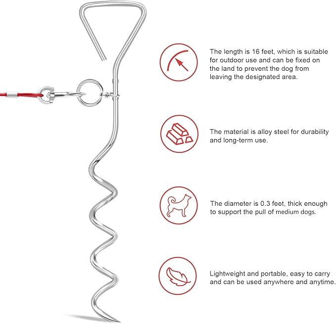 Relux Dog Tie Out Cable and Stake, 16FT Outdoor Dog Stake for Yard Training, Running, Hiking,Camping, 16 Inch Heavy Duty Dog Anchor Spiral Stake for Small to Medium Dogs(Red)