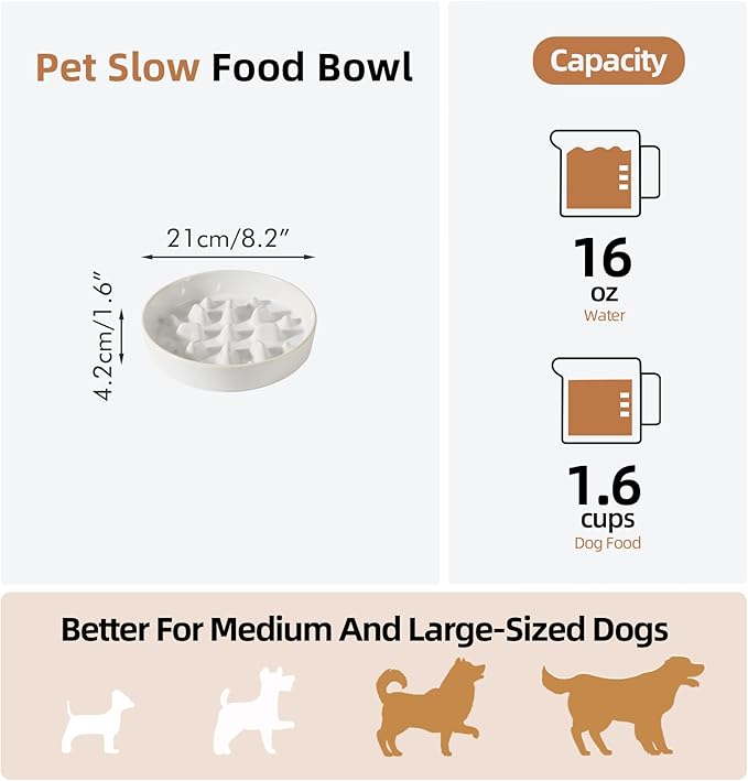 Ceramic 1.6 Cup Dog Bowl Slow Feeder for Fast Eaters, 8.2inch Slow Pet Food Dish for Medium and Large Dog, Stop Bloat, Preventing Choking(Single Bowl,Reactived Glaze -White)