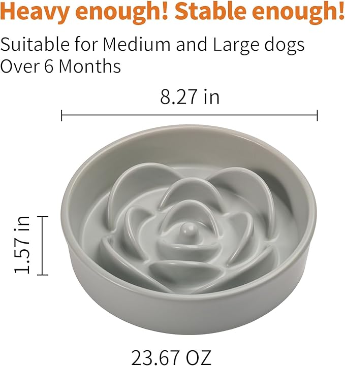 Grey Ceramic Slow Feeder Dog Bowl for Medium and Large Breed,1.5 Cup 8.26 in Slow Feeding Bowl,Puzzle Dog Food Bowl for Fast Eater,Maze Dish for Fast Eater