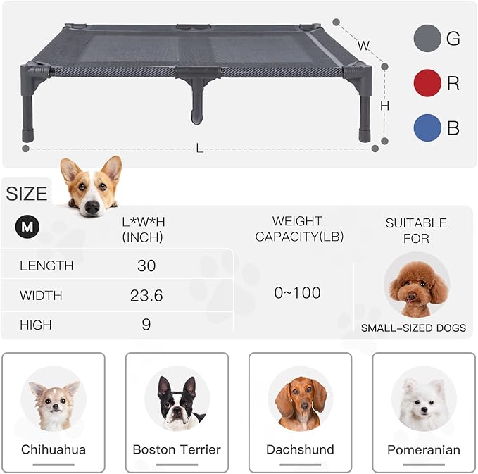 suddus Elevated Dog Bed for Medium Dogs, Dual Support Cooling Cot with Teslin Mesh, Portable Waterproof Pet Bed for Indoor/Outdoor Use, Medium, 30x23x6.3 Inch, Grey