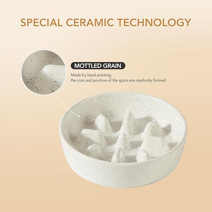 Ceramic 0.9 Cup Raised Slow Feeder Dog Food and Water Bowl Set, Elevated 6.1inch Bowl and 6.1inch Dish with Acacia Wood Stand for Small Dogs(2 x Vanilla White+ Stand)