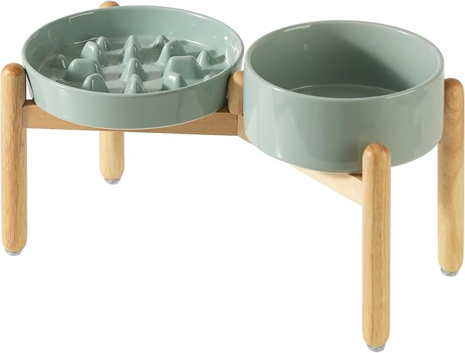 Ceramic 3.2 Cup Raised Slow Feeder Dog Bowl Set, Elevated 8.2inch Bowl and 9.5inch Slow Pet Food Dish with Wooden Stand for Large Dog (2 x Light Green+ Stand)
