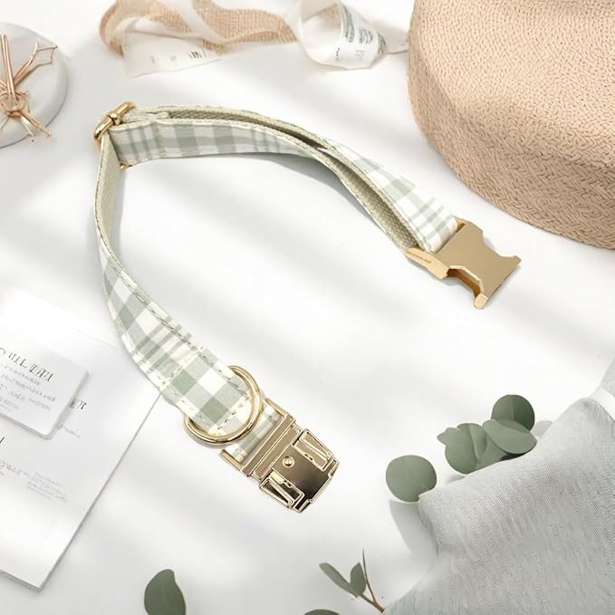 PETDURO Personalized Dog Collar Sage Green Plaid for Large Medium Dogs | Engraved Name and Phone Number on Gold Metal Buckle for Boys & Girls | Add Leash & Bow Tie via Customize Now