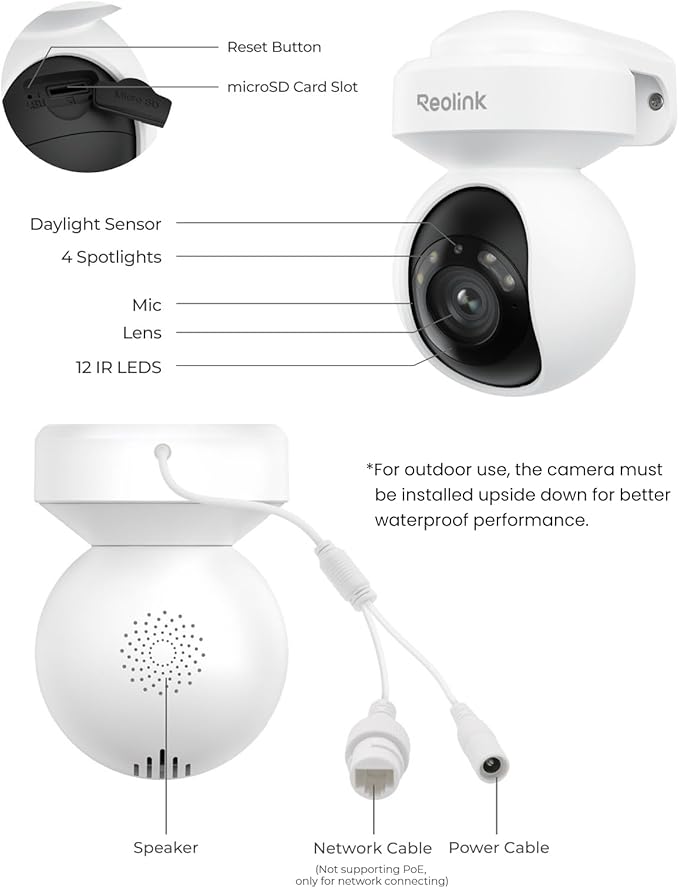 REOLINK 4K Outdoor Plug-in WiFi 6 Security Camera, PTZ Camera for Home Security, Wi-Fi 6 New Tech, Motion Tracking, Smart Detection, 3X Optical Zoom, Motion Spotlight, Local Storage, E1 Outdoor Pro