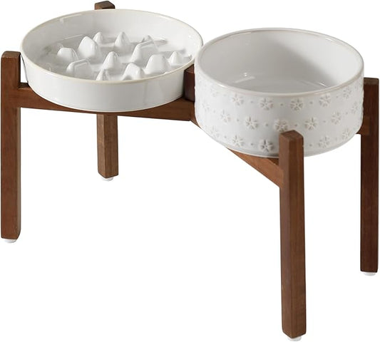 Ceramic 1.6 Cup Raised Slow Feeder Dog Bowl Set, Elevated 7.3inch Bowl and 8.2inch Slow Feeder Dish with Acacia Wood Stand for Medium and Large Dogs (2 x Reactived Glaze -White+ Stand)