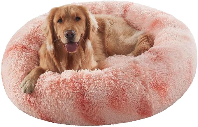 36 inches Donut Dog Bed for Large Dogs - Calming Fluffy Round Pet Bed with Removable & Washable Cover,Fits up to 80 lbs Pets (Tie-dye Pink,Large)