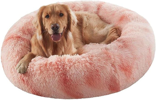 36 inches Donut Dog Bed for Large Dogs - Calming Fluffy Round Pet Bed with Removable & Washable Cover,Fits up to 80 lbs Pets (Tie-dye Pink,Large)