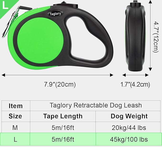 Taglory Retractable Dog Leash, 16ft No Tangle Leash Retractable for Medium and Large Dogs Up to 100 lbs, One-Handed Brake, Pause, Lock, Green