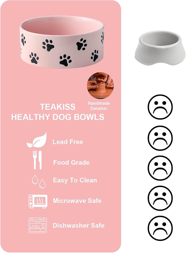 6.5 Inch Pink Ceramic Dog Bowl with Paw Print Pattern - Porcelain Wide Mouth Dog Food or Water Bowls, Large Feeding Pet Bowls for Indoor Medium Sized Dogs, for Wet or Dry Food
