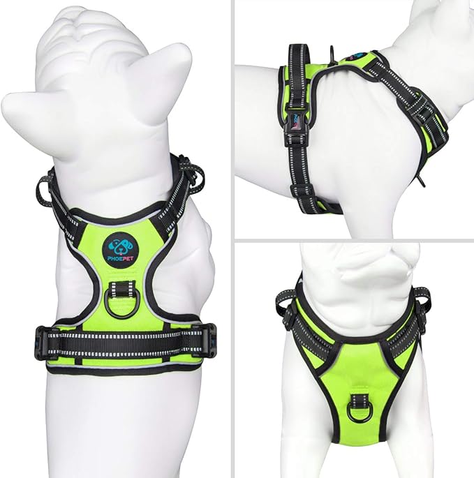 PHOEPET No Pull Dog Harnesses for Small Puppies Reflective Adjustable Front Clip Vest with 2 Metal Leash Attachment Hooks Soft Handle(XS, Green)