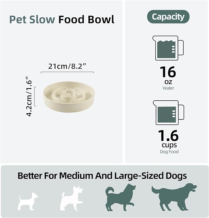 Ceramic 1.6 Cup Slow Feeder Dog Bowl for Medium and Large Breed, 8.2inch Puzzle Dog Food Dish, Anti-Gulping, Stop Bloat, Preventing Choking (Single Bowl-Beige)