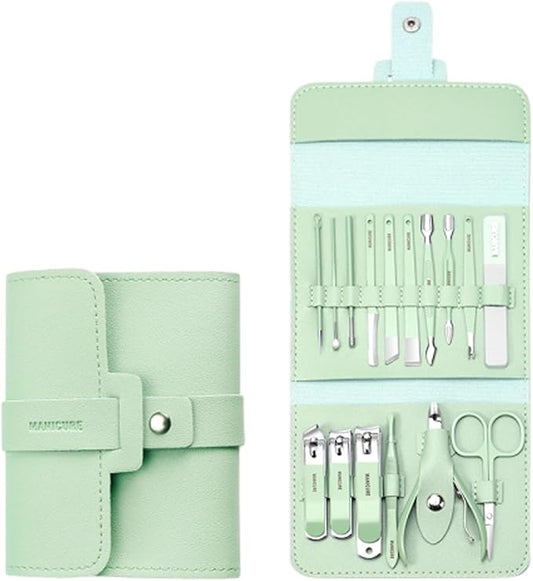 Portable Nail Clipper Set (12/16pcs), Folding Leather Nail Clipper Set, Easy Storage Manicure Kit with Clippers, Cuticle Trimmer & Care Tools, Compact Manicure Kit (Light Green 16PCS)
