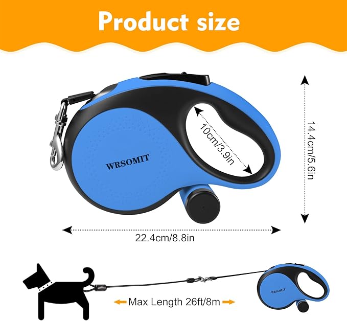Retractable Dog Leash with Chew Proof Cable, 26Ft Heavy Duty Dog Leash for Medium Large Dogs up to 110lbs, 360° No Tangle, One-Handed Brake (Blue)