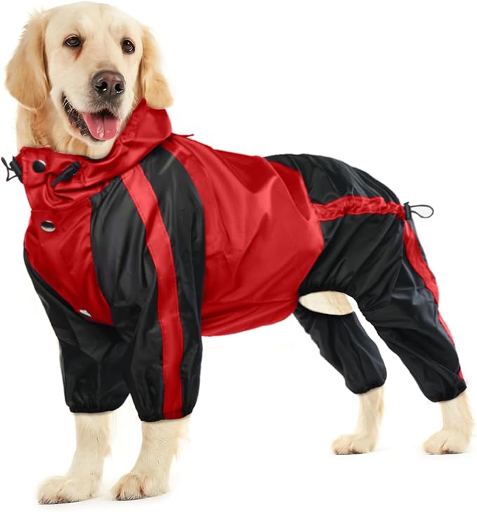 Dog Raincoat, Waterproof Dog Rain Coats for Large Dogs, Lightweight Rain Jacket, Adjustable 4 Legs Pet Poncho with Hood, Snow-Proof Dog Vest Rainwear, Rain Clothes Apparel with Leash Hole, Red