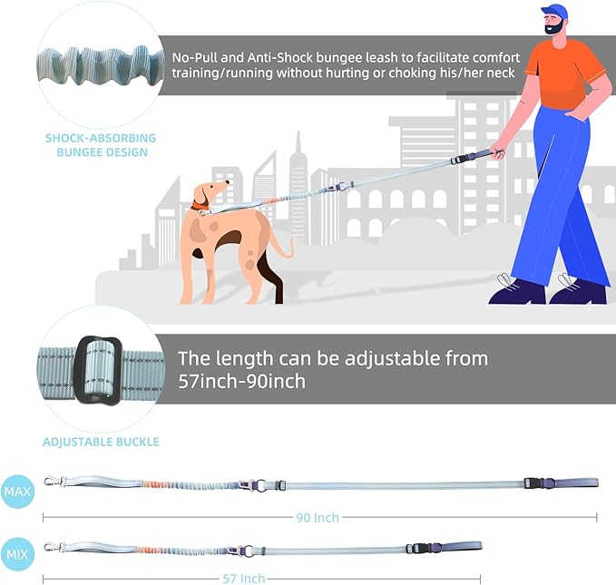 Roses&Poetry Hands Free Dog Leash for Medium Large Dogs Heavy Duty, No Pull Bungee Dog Running Waist Leash for Walking Training with Car Seatbelt 4-6FT