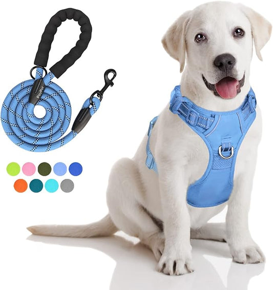 PoyPet No Pull Dog Harness and 5 Feet Leash Set, Release on Neck Reflective Adjustable Pet Vest, Front & Back 2 D-Ring and Soft Padded Pet Harness with Handle for Small to Large Dogs(Light Blue,S)