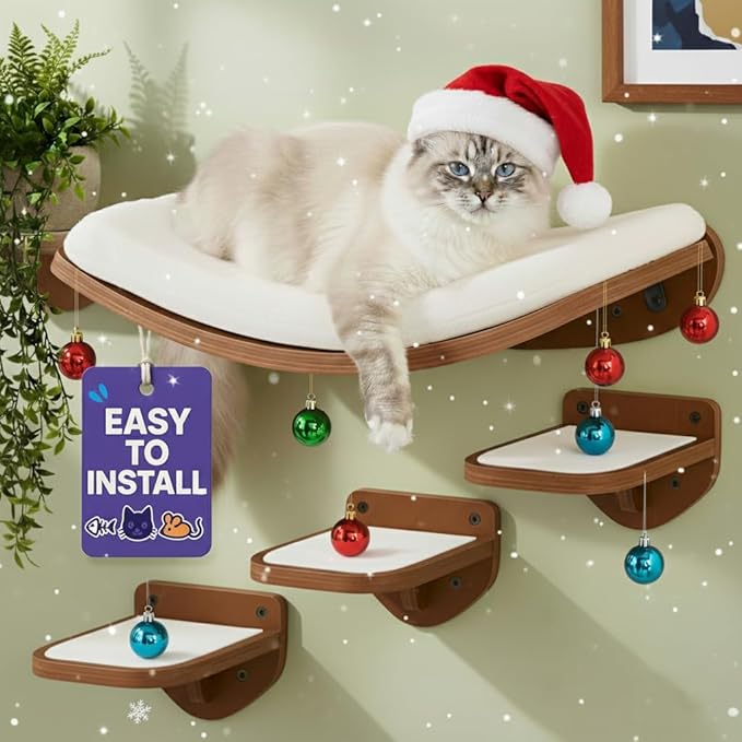 Cat Wall Shelves, Walnut Finish – Floating Cat Furniture with Curved Bed & Steps | Modern Minimalist Wood Climbing Shelves Set of 4 for Indoor Cats, Sturdy Wall-Mounted Design