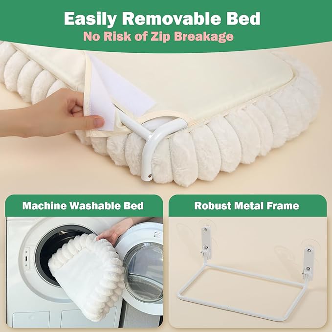 Zakkart SnugCloud Foldable Cat Window Perch - Cordless, Ultra Soft Machine Washable Bed with 4-Sided Bolster, Metal Frame - Window Hammock for Large Cats and Kittens (Cream White, Medium)