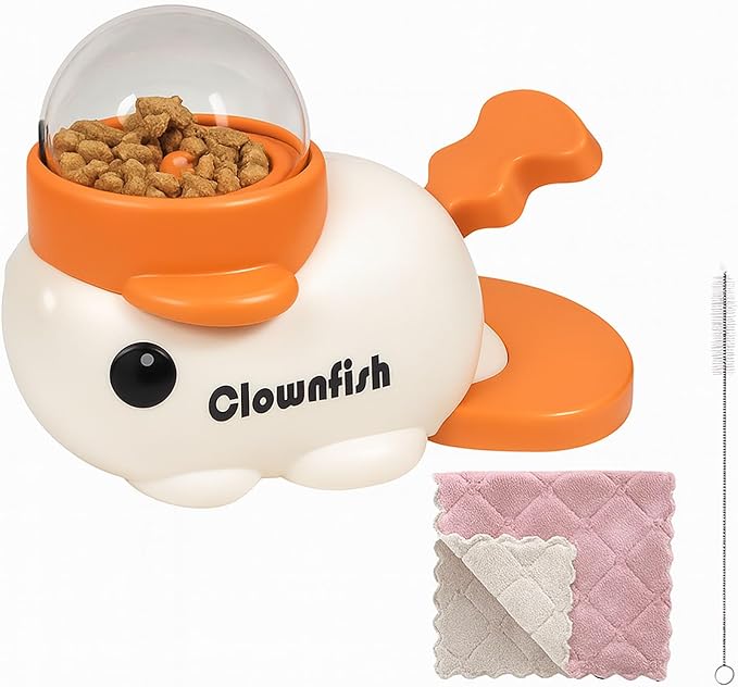 Interactive Clownfish Dog Treat Dispenser Toy with Spinning Tail, Puzzle Slow Feeder for Dogs & Cats, Treat Dispensing Food Puzzle Feeder, Includes Cleaning Cloth & Brush (White)