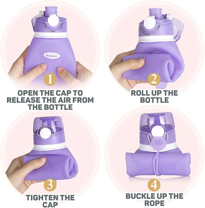 Kemier Collapsible Silicone Water Bottles-750ML,Medical Grade,BPA Free Travel Water Bottle Can Roll Up,26oz,Leak Proof Foldable Sports & Outdoor Water Bottles