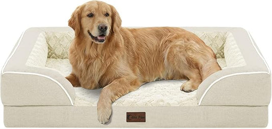 Orthopedic Dog Beds for Extra Large Sized Dogs, Waterproof Memory Foam XL Pet Bed with Sides 42x30Inch, Non-Slip and Egg-Crate Foam Big Dog Couch Bed with Removable Washable Cover, Beige