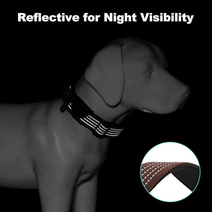 Plutus Pet Tactical Dog Collar with Tracker Packet for AirTag, Adjustable Reflective Nylon Collar, Metal Buckle, Leather-Wrapped Handle, Soft Padded for Medium Large Dogs (Chocolate, S)