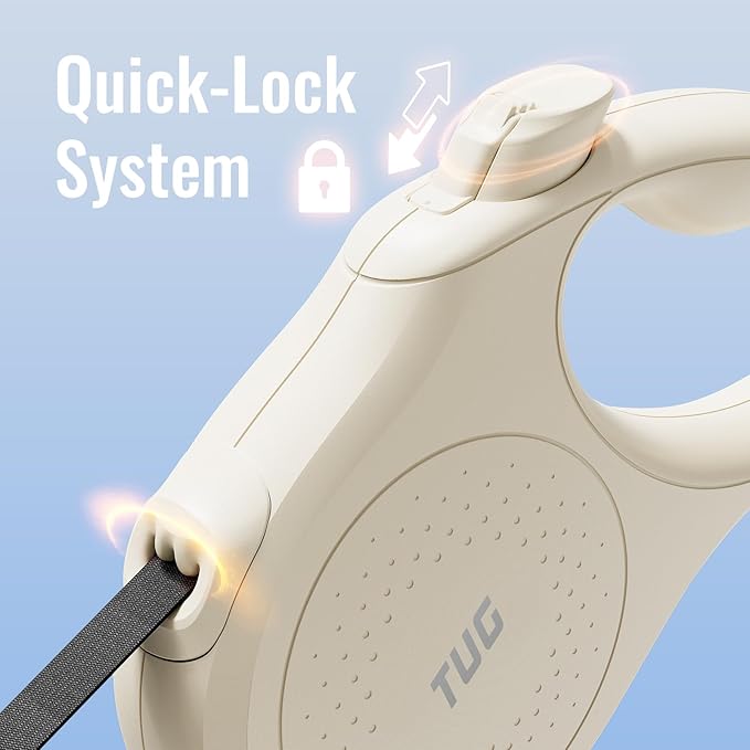 TUG Quest Retractable Dog Leash | 360° Tangle-Free Retraction | 16 ft Strong Nylon Tape (Small, Cream)