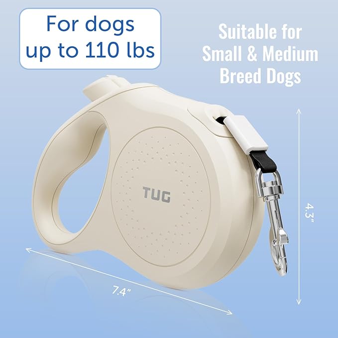 TUG Quest Retractable Dog Leash | 360° Tangle-Free Retraction | 16 ft Strong Nylon Tape (Large, Cream)