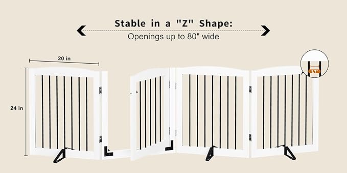 Freestanding Dog Gate with Door, Pet Gate for Stairs, 80 inch Wide Pet Barrier Indoor, Dog Fences Indoor, Support Feet Included, 4 Panels, 24" Tall, White & Black