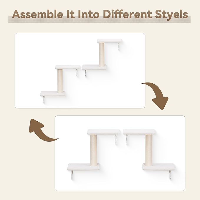 6-in-1 Cat Wall Shelves, Wall-Mounted Cat Furniture for Indoor Kittens, Modern Floating Shelves with Scratching Posts, Bed, Perch, Bridge, Condo, Steps and Scratcher, Space-Saving Gym, White