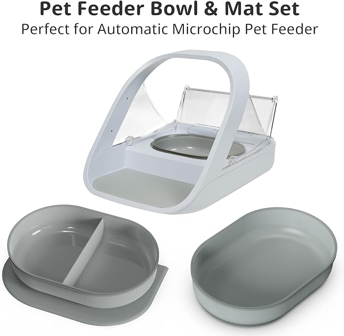 Bowl & Mat Set for Automatic Microchip Cat Pet Feeder, Sealing Ring Design for Keeping Food Fresh and Reducing Odor, Easy to Clean(Grey)